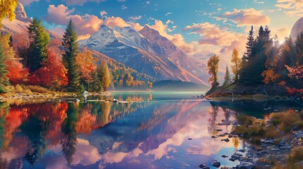 Fototapeta premium Scenic autumn view of a mountain lake with pastel skies and reflections.
