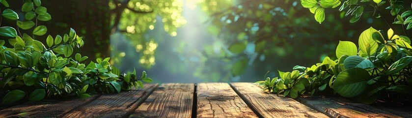 Lush green spring foliage, wooden table in nature, beautiful bokeh and sunlight, AI generated, fresh and inviting, Illustration 8K , high-resolution, ultra HD,up32K HD