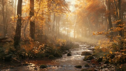 Gentle pastel hues with an autumn forest and a stream flowing through.