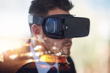 Business, man and vr with city overlay for future technology, vision and virtual reality as...