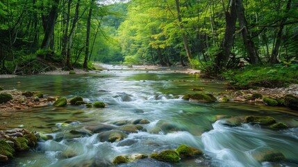 Obraz premium Crystal-clear river flowing through a pristine forest, representing pure water and environmental health