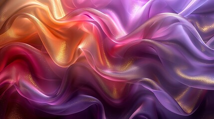 Fototapeta premium A colorful and shiny fabric design featuring smooth, wavy lines in gradient shades of purple, pink, and gold, providing a beautiful and modern effect. Minimal and Simple style