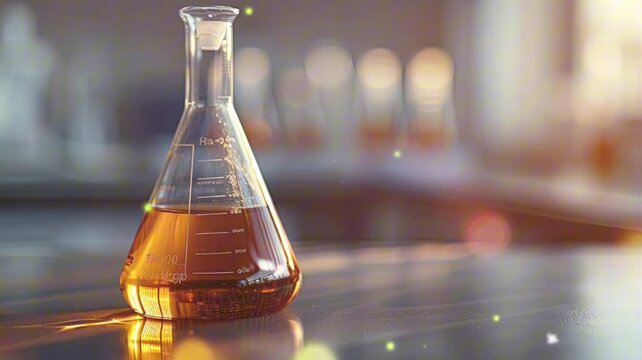 motion picture reference of science. yellow liquid in a flask with a lab background