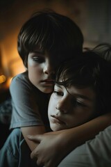 An older sibling comforting a younger one in a dimly lit corner, their expressions filled with concern
