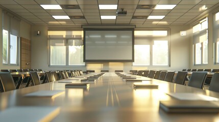 Empty conference room with a long table and projector, ready for a business meeting
