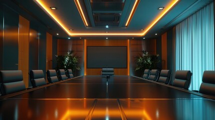 Empty conference room with a long table and projector, ready for a business meeting