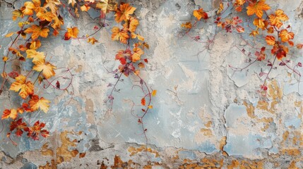 Pastel background featuring an old stone wall covered in autumn vines.