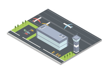 Isometric air logistics concept with plane at airport isolated vector illustration.