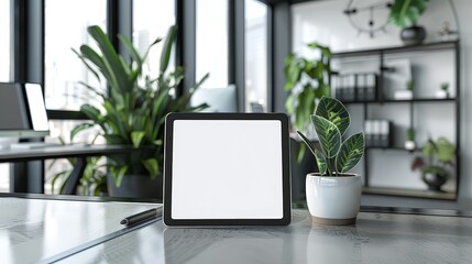 A blank tablet screen in a modern workspace.  --ar 16:9 