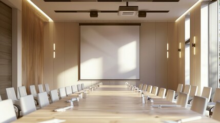 Empty meeting room with a projector and screen, ready for a business presentation
