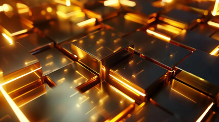 Golden squares shimmer with luxury and futuristic energy, showcasing technological elegance,