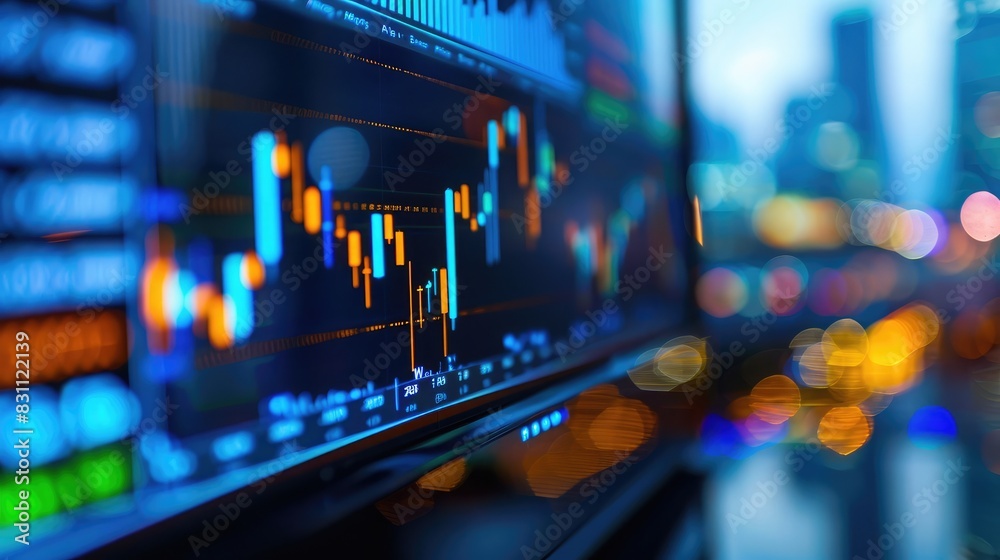 Poster financial charts and graphs on a computer screen, symbolizing business intelligence and data analysi