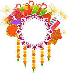 Illustration of Firecracker with gift boxes and blank floral frame given your message, happy diwali poster or greeting card design.