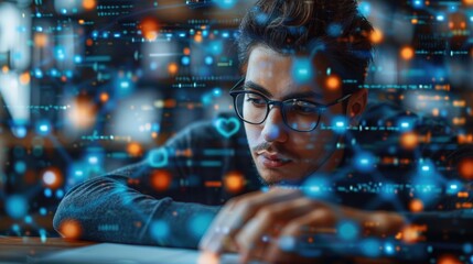 Young programmer wearing glasses intensely focused on computer screen with floating digital code and data visualization overlay.
