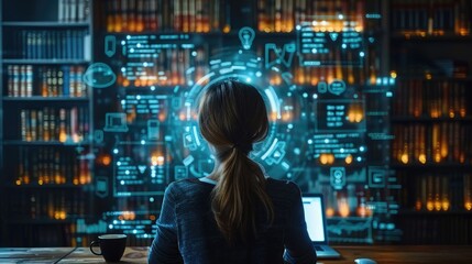 Woman with ponytail working on a laptop in a library, surrounded by digital data visuals and futuristic technology overlays.