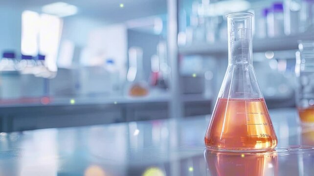 motion picture reference of science. yellow liquid in a flask with a lab background