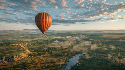Hot air balloon floating over a scenic landscape, illustrating the joy and freedom of exploration
