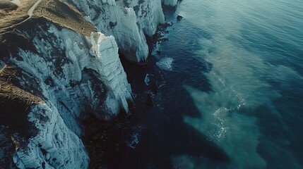Aerial view of the White Cliffs of Dover in England, with their striking white chalk faces rising from the blue waters of the English Channel.