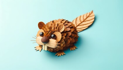 Obraz premium A beaver crafted from brown leaves, with a flat tail and prominent teeth made from small pieces of wood. Eyes are acorns. The background is a light blue color.
