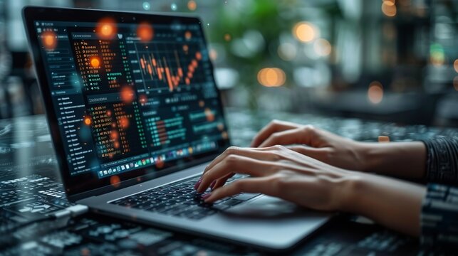 A businesswoman typing on a laptop with transparent layers of coding and algorithms, highlighting her engagement with quantum technologies. Minimal and Simple style