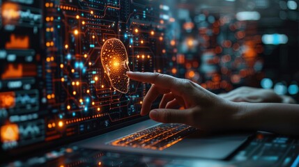 A hand interacts with a glowing brain icon on a laptop screen, representing the power of technology and digital innovation.