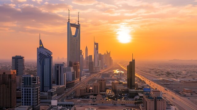 Sunset over large buildings equipped with the latest technology King Abdullah Financial District in the capital Riyadh Saudi Arabia : Generative AI