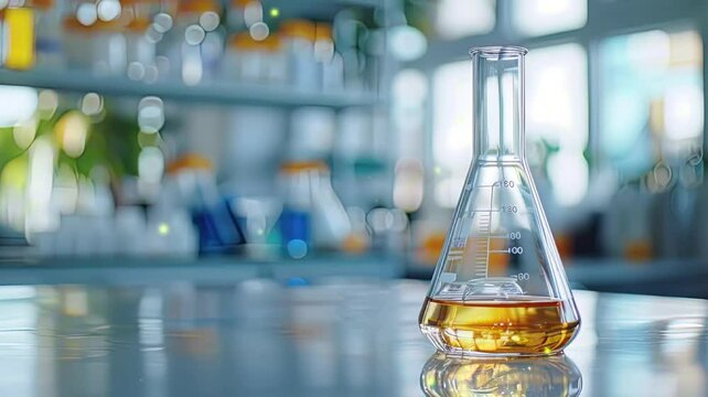 motion picture reference of science. yellow liquid in a flask with a lab background