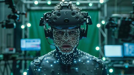 An artist in a motion capture suit performing a complex character scene for an animated film, surrounded by green screens and monitoring equipment