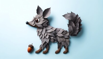  A wolf crafted from gray leaves, with sharp ears and a bushy tail. Eyes are acorns, and the nose is a small piece of wood. The background is a light blue color.