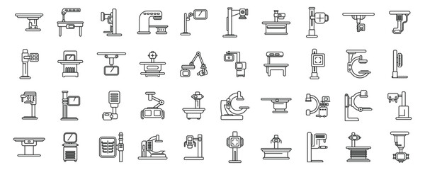 X-ray machine icons set vector. A collection of medical equipment icons. Some of the icons include a stethoscope, a blood pressure cuff, a thermometer, and a syringe