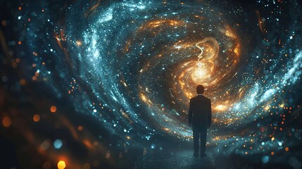 A businessmanâ€™s silhouette filled with swirling quantum particles and data streams, representing his immersion in digital innovation. Minimal and Simple style