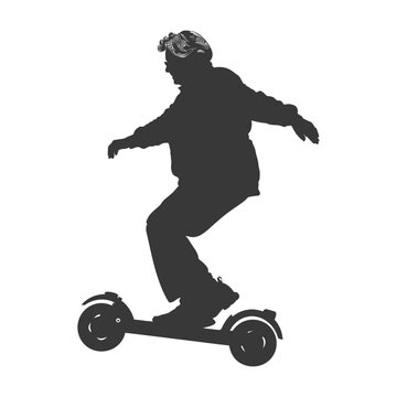 Silhouette: Elderly Woman on Electric Scooter, Confident Stance, White Background.