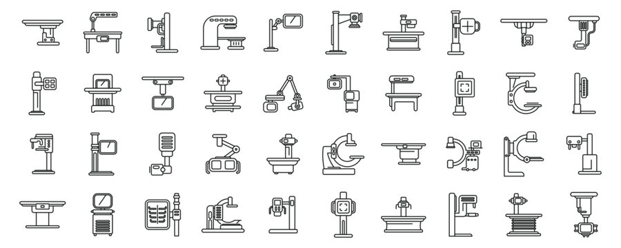 X-ray machine icons set vector. A collection of medical equipment icons. Some of the icons include a stethoscope, a blood pressure cuff, a thermometer, and a syringe