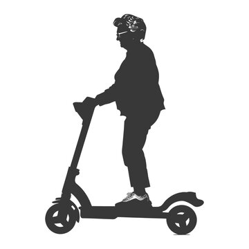 Silhouette of elderly woman riding electric scooter.