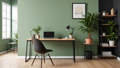 Blank sage green wall partition, white baseboard on the parquet floor in luxury, modern kitchen with wooden dining table, chair, cabinet, and cupboard. 3D Render