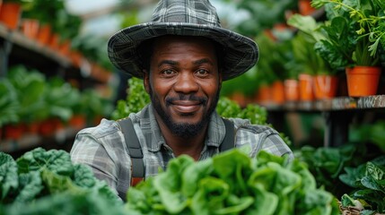 A smiling man in a hat and overalls looks directly at the camera while surrounded by plants.