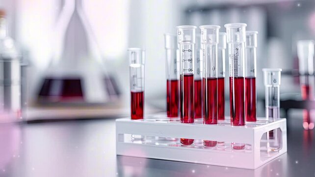 laboratory tools reference. blood liquid in pipettes with lab background