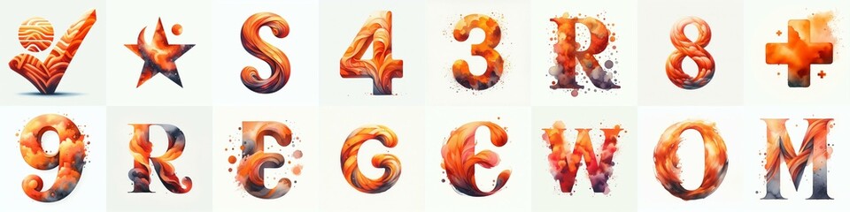 Orange watercolor Lettering Typeface. AI generated illustration
