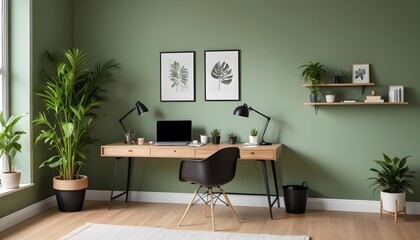 Blank sage green wall partition, white baseboard on the parquet floor in luxury, modern kitchen with wooden dining table, chair, cabinet, and cupboard. 3D Render