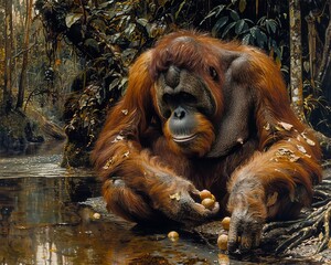 An elderly orangutan sitting serenely by a riverbank, peeling fruit, surrounded by the rich, verdant forest environment
