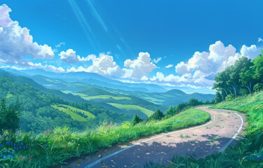 Obraz premium Painting watercolor of Winding highway disappears into the unknown, traversing lush grasslands under expansive blue skies, with distant mountains embraced by dense forests.