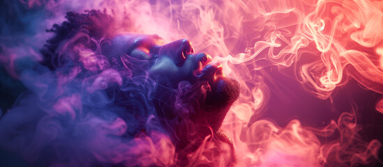 Modern vape shop banner featuring stylish men vaping in an urban setting with neon lights and graffiti
