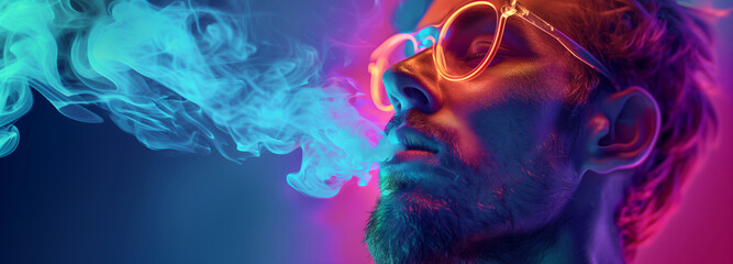 Modern vape shop banner featuring stylish men vaping in an urban setting with neon lights and graffiti