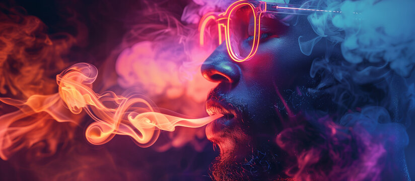 Modern vape shop banner featuring stylish men vaping in an urban setting with neon lights and graffiti