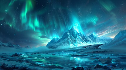 A dazzling neon-lit tundra, electric ice formations and glowing aurora lighting up the polar night sky