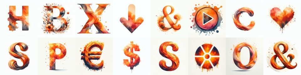 Orange watercolor Lettering Typeface. AI generated illustration