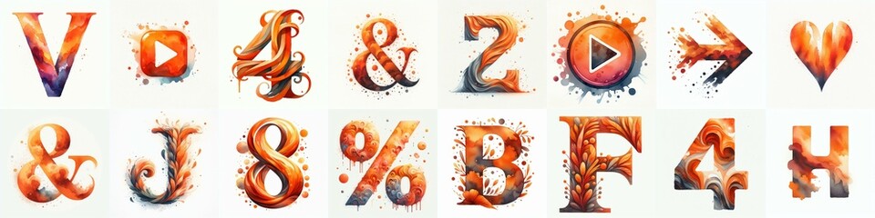Orange watercolor Lettering Typeface. AI generated illustration