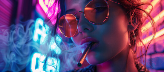 Modern vape shop banner featuring stylish woman vaping in an urban setting with neon lights and...