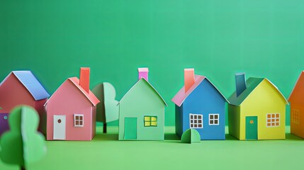 Colorful Paper Houses on Green Background