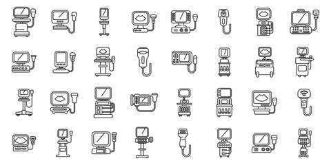 Ultrasound machine icons set vector. A collection of medical equipment icons. Some of the icons include a stethoscope, a blood pressure monitor, and a heart monitor